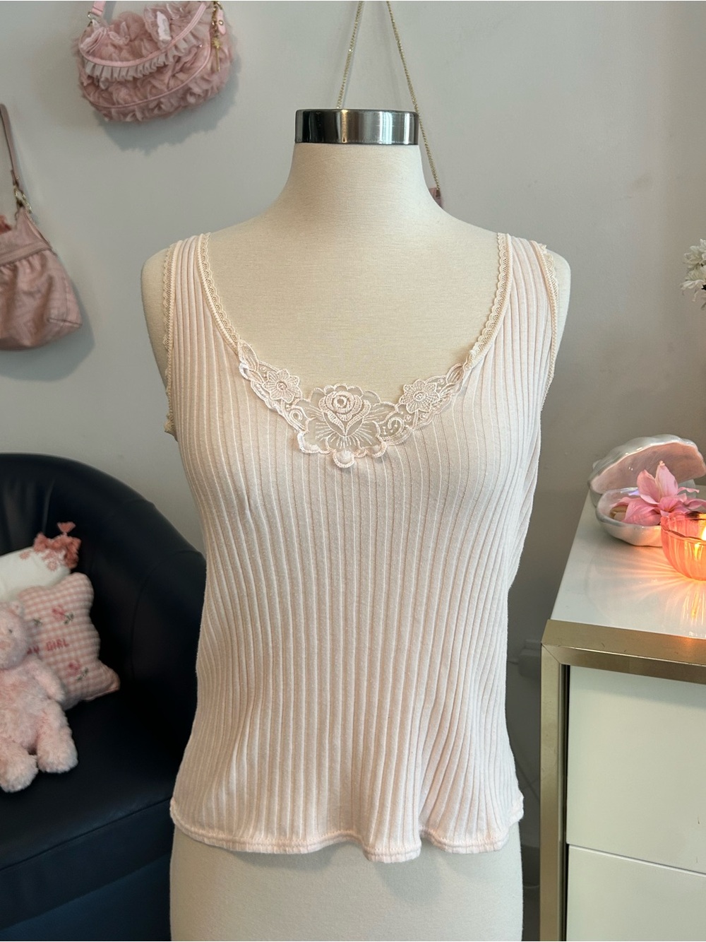 Vintage Blush Pink Ribbed Lace-Trim Tank Top